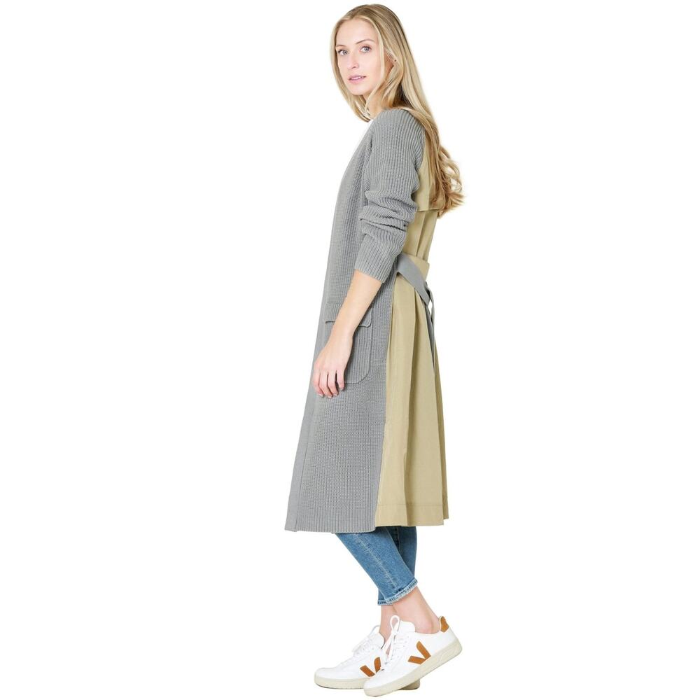 Veronica Beard Pearl Mixed Trench Cardigan Grey Green Knit Open Front Sz‎ S